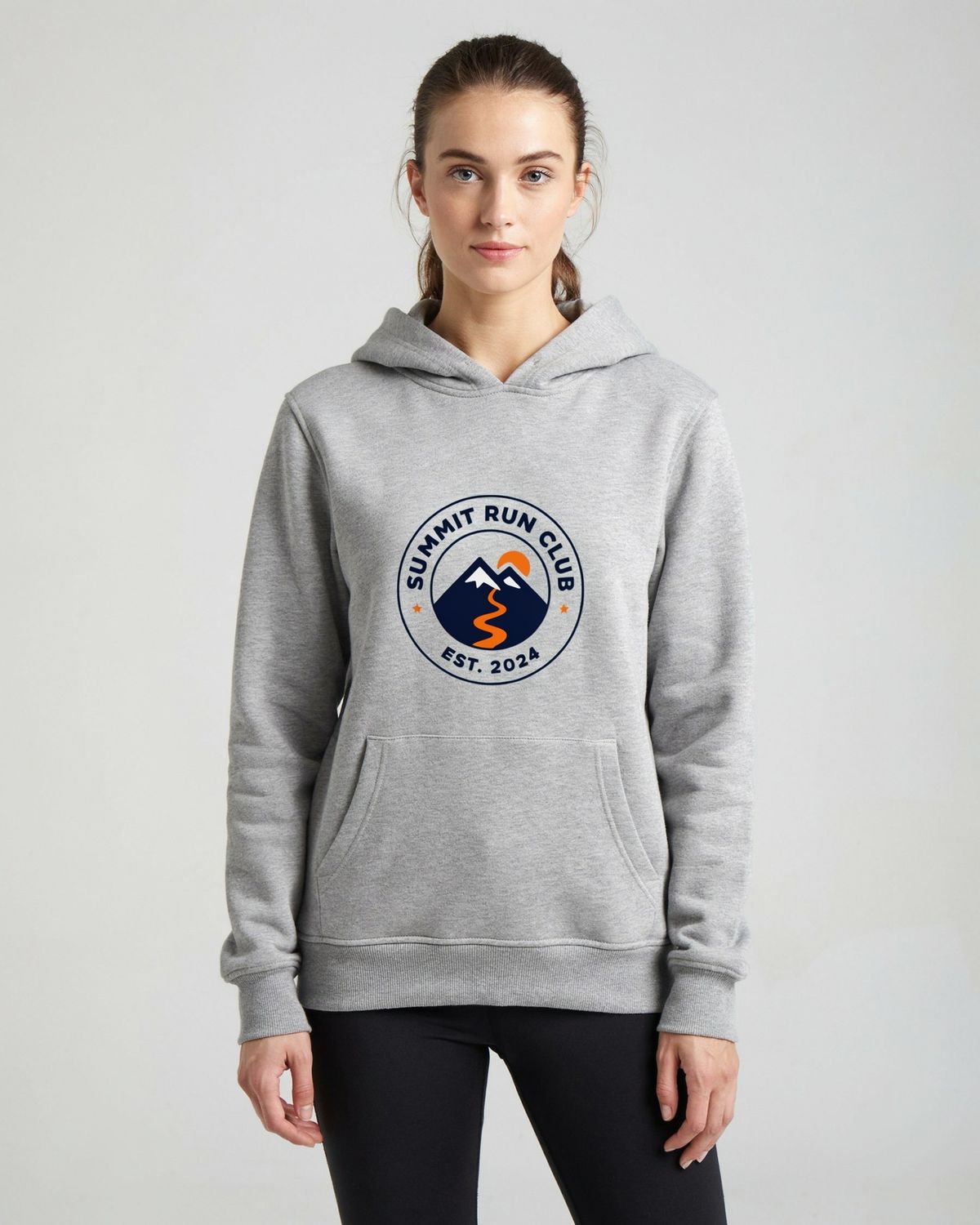 The woman in the heather gray hoodie, now with the navy and coral SUMMIT RUN CLUB badge printed on the chest