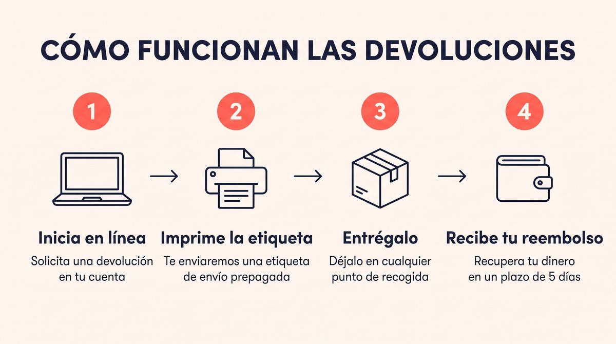 The same four-panel returns infographic with the title, headings, and captions in Spanish, and the icons, numbers, and layout unchanged