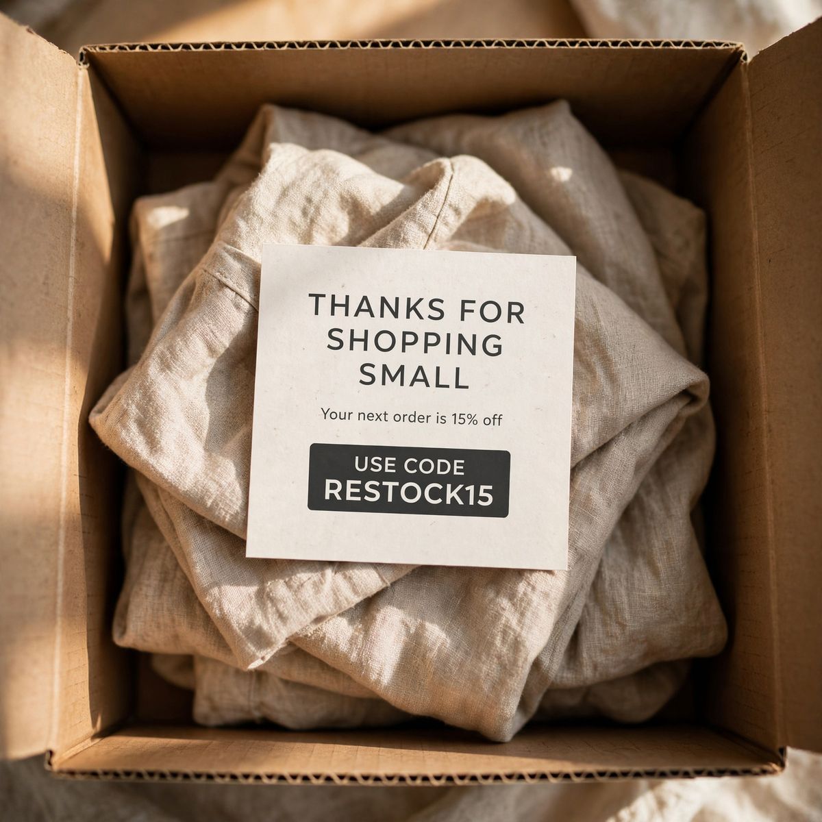 An off-white square card on a folded linen shirt inside an open shipping box, printed with THANKS FOR SHOPPING SMALL in charcoal capitals, Your next order is 15% off beneath it, and USE CODE RESTOCK15 in a bold charcoal box at the foot
