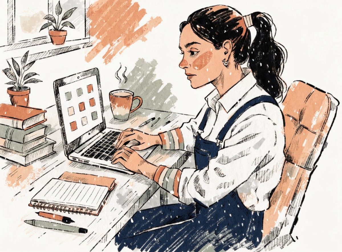 Editorial magazine illustration of a person seated at a desk with a laptop in a neutral workspace