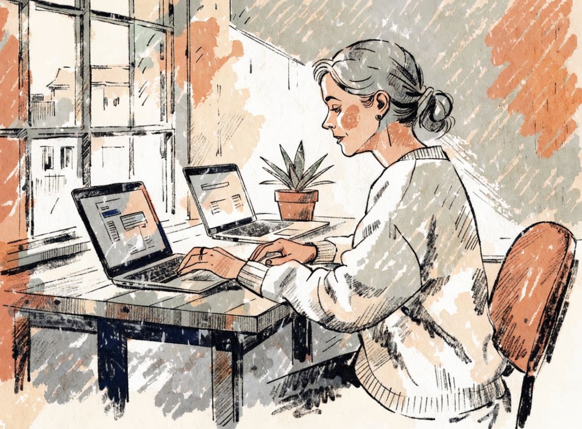 Editorial magazine illustration of a woman in her forties with grey hair in a low bun and a cream sweater, at a warm walnut desk with two laptops and a small potted succulent, warm morning light from a window on the left