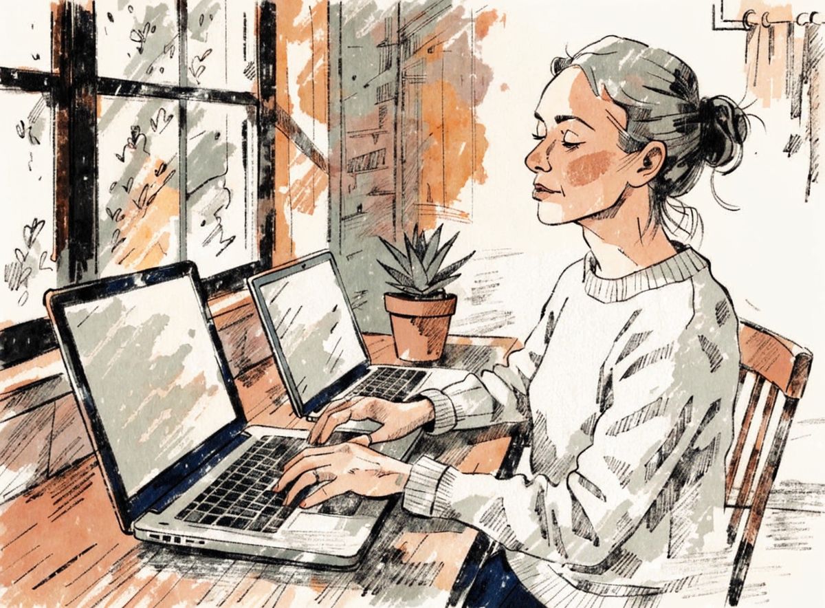 Editorial magazine illustration of a woman in her forties with grey hair in a low bun and a cream sweater at a warm walnut desk with two laptops and a small potted succulent, chest-height mid-shot camera slightly angled from the left, shallow depth of field with her hands and the closer laptop in sharp focus