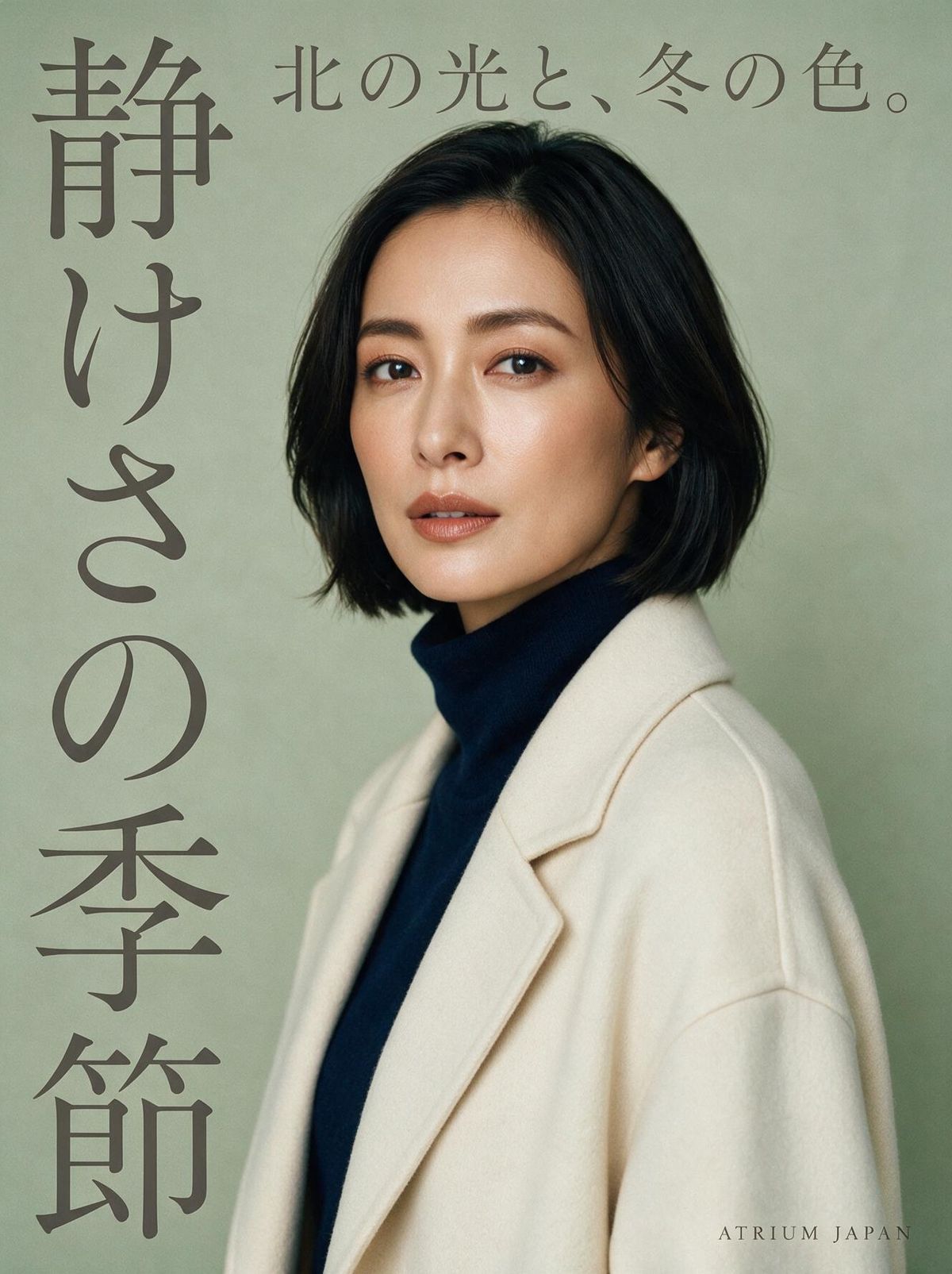 A Japanese fashion magazine cover featuring a Japanese model in a cream wool coat against a sage green backdrop, with a vertical Japanese masthead and horizontal cover line