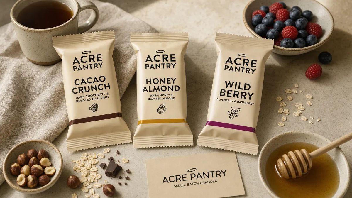 A 16:9 brand creative showing the Acre Pantry granola bar family staged for a food magazine editorial spread, with warm directional natural light, a linen-draped wooden surface, a ceramic mug of coffee, scattered oats, and fresh berries arranged around the three bars