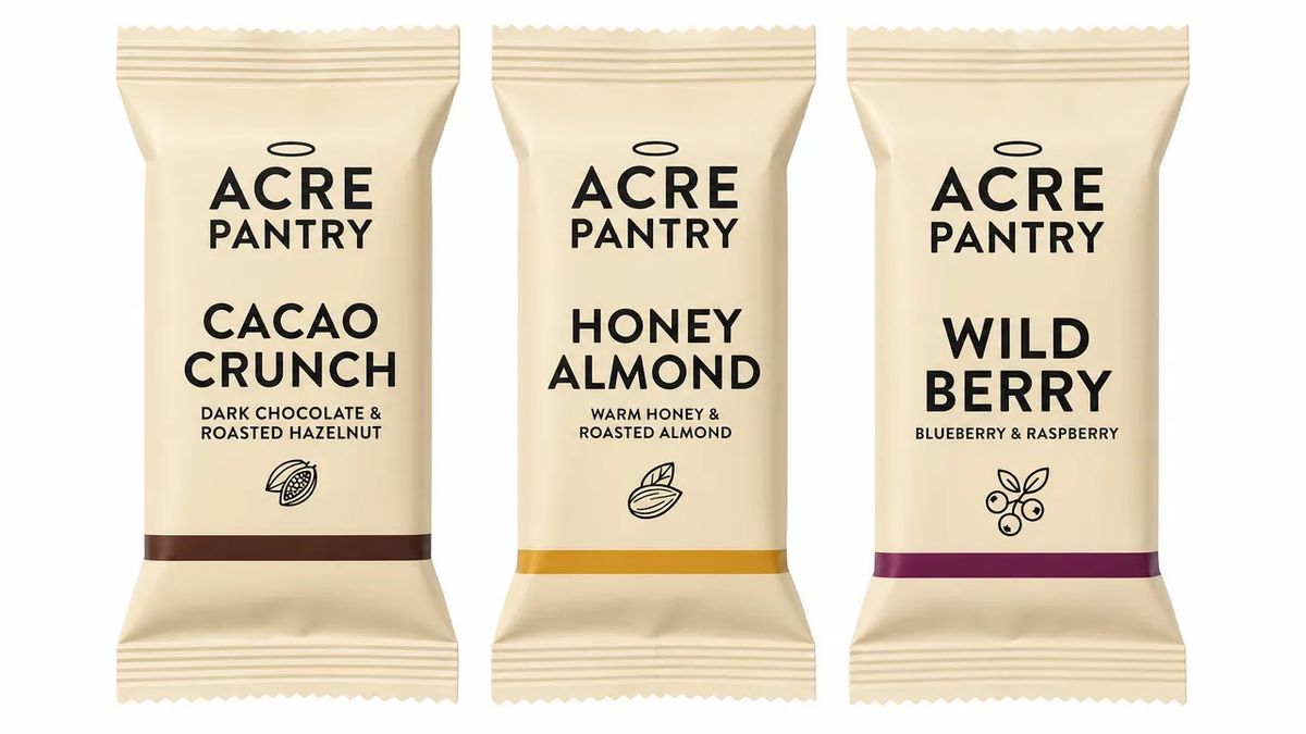 A clean studio packshot of the three Acre Pantry bars on a pure white seamless background with calm even lighting, no props, no food ingredients, no atmospheric staging
