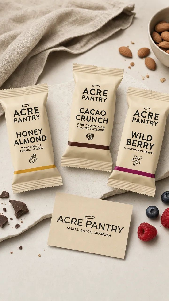 A vertical 9:16 Instagram Story frame of the Acre Pantry bars stacked or staggered vertically with high contrast, vivid color, and bars positioned in the central thumb-zone for mobile viewing