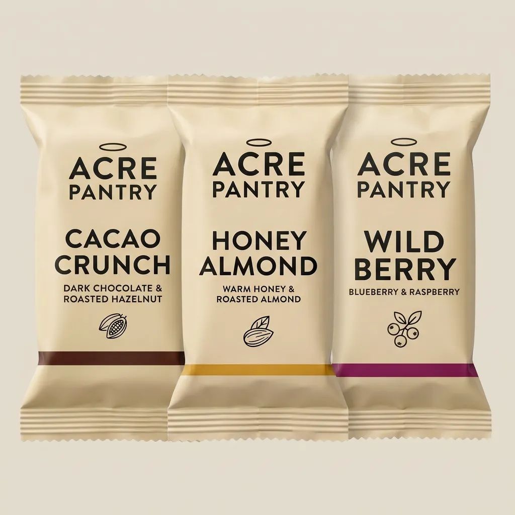 A square 1:1 product tile of the three Acre Pantry bars laid out for an e-commerce product grid with the bars dominating the frame and a clean pale background