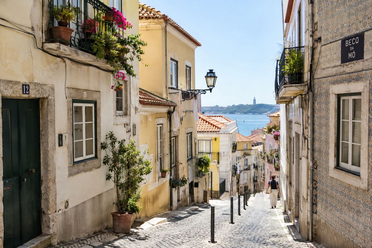A narrow residential street in Lisbon's Alfama district in bright morning light, with tiled building fronts, washing strung between balconies and worn stone steps climbing between the houses