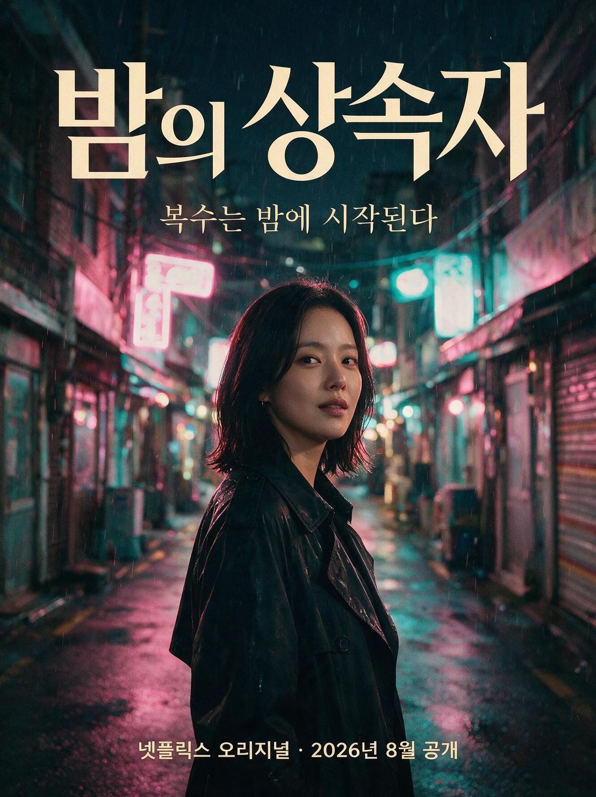 A Korean streaming drama key art poster featuring a young female actor under neon-lit rain in a Seoul back-alley, with the Korean drama title in bold hangul and a subtitle below