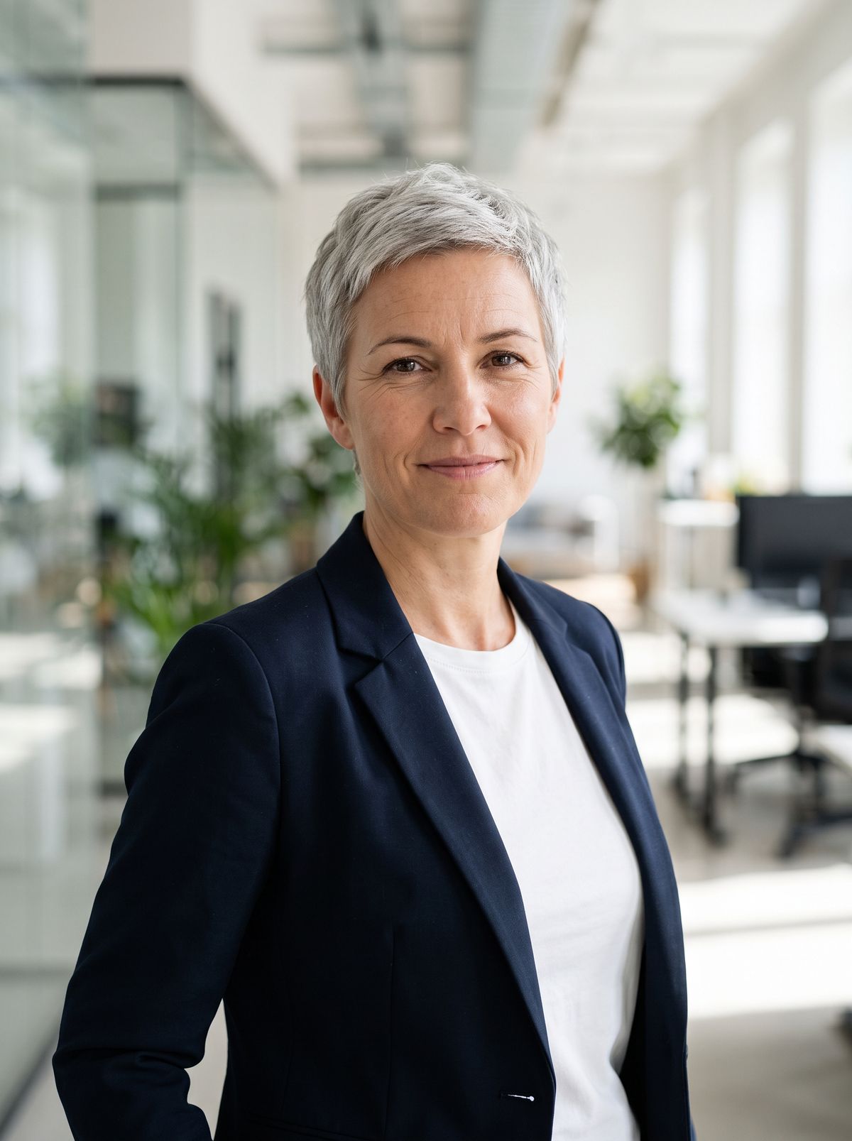 A chest-up headshot of a woman with short silver hair in a navy blazer over a white top in a bright office with blurred glass partitions, lit softly from the right