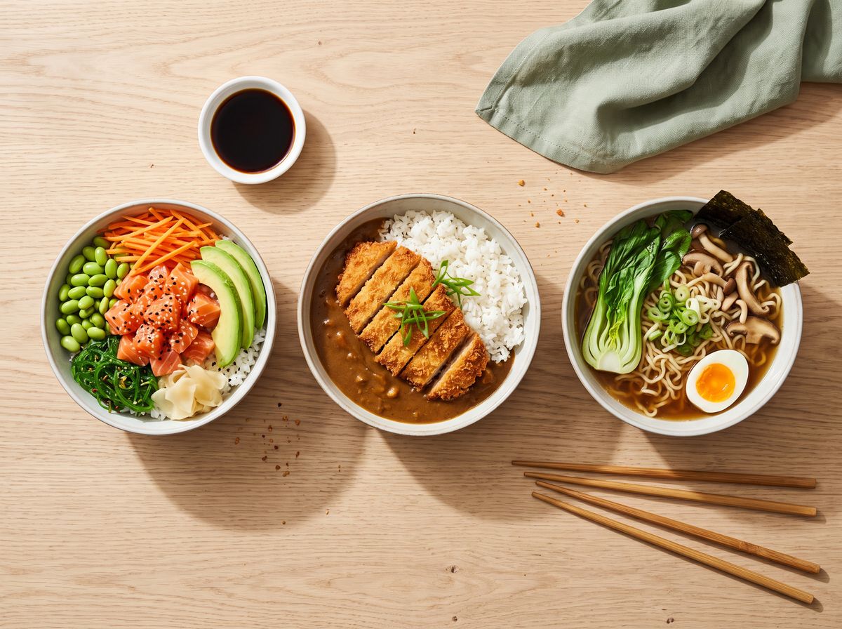 An overhead view of a pale oak table with three bowls in a row, a salmon poke bowl, a chicken katsu curry, and a vegetable ramen, four chopsticks in two pairs in the bottom right corner, a dish of soy sauce at the top left, and a sage green napkin at the top right
