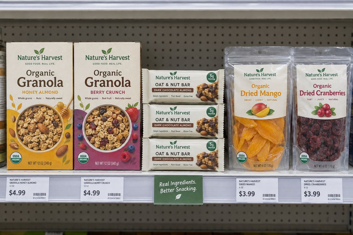 A supermarket shelf photographed straight on, two cardboard granola cartons on the left, a stack of three foil bar wrappers in the centre and two clear pouches of dried fruit on the right, with a price rail along the front edge and a small sign under the centre stack