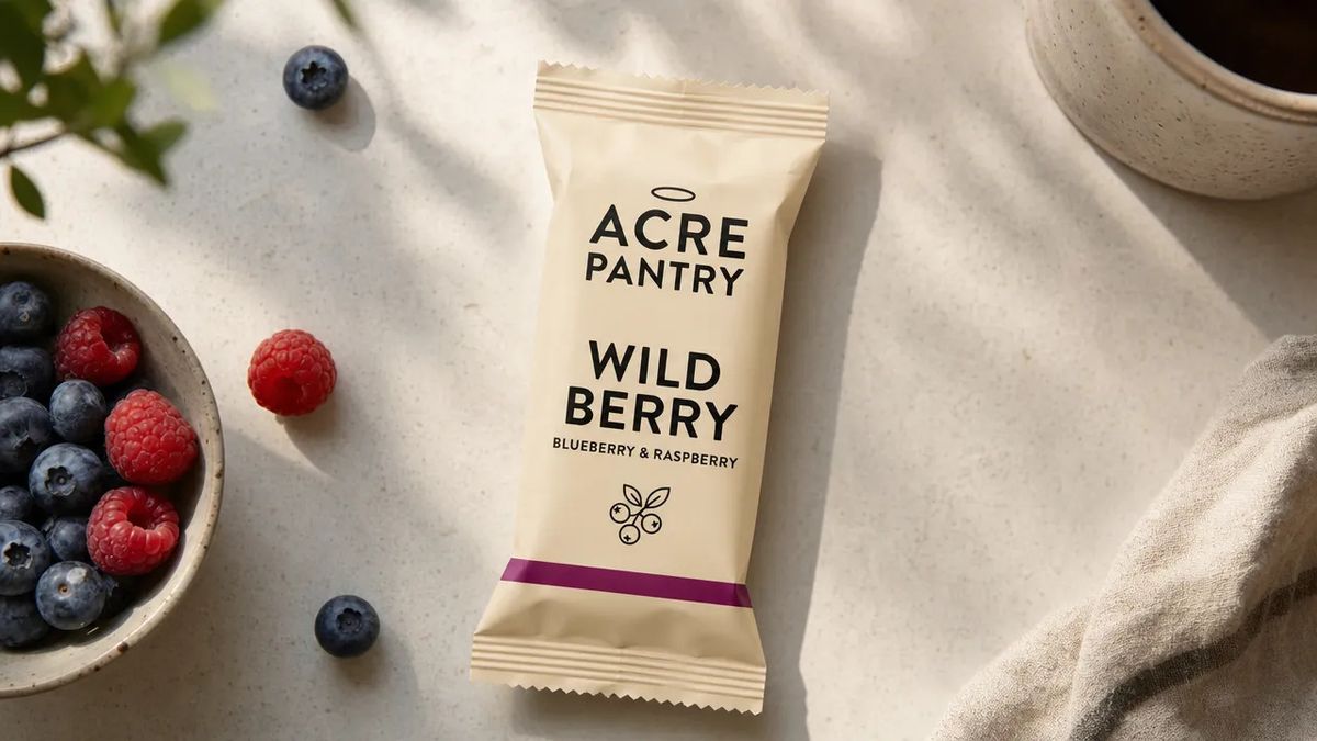 The Acre Pantry Wild Berry bar on an oak kitchen counter with soft side window light, a ceramic mug of coffee with rising steam, the corner of a folded newspaper, a small dish of berries, and scattered crumbs from a pastry