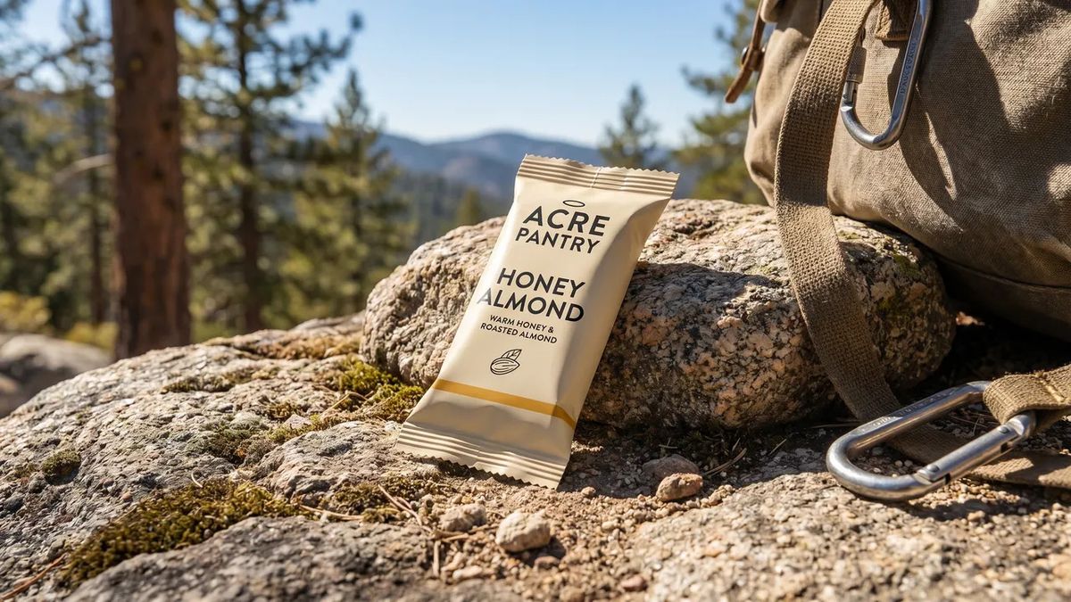 The Acre Pantry Honey Almond bar resting on a sun-warmed granite rock outdoors with a hiking pack strap visible and pine forest in soft focus background, captured in bright midday natural light with a slight athletic grit