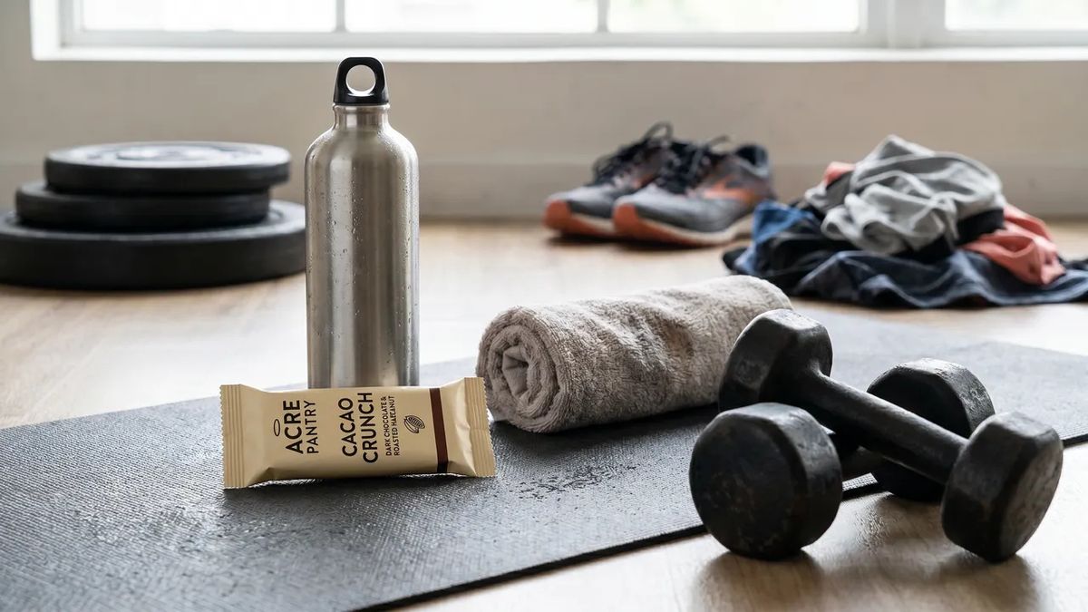 The Cacao Crunch bar in an indoor gym or training studio context with a cold sweating water bottle, a damp gym towel, weight plates or dumbbells in soft focus, and an in-the-moment post-workout recovery feel