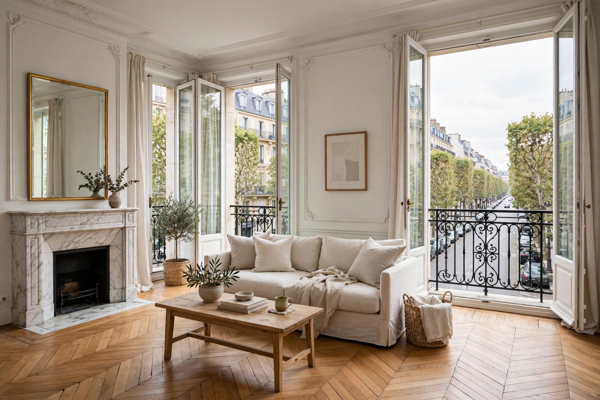 A bright Parisian living room with herringbone parquet, a white marble fireplace, a low linen sofa and tall casement windows with wrought-iron Juliet balconies opening onto a tree-lined boulevard