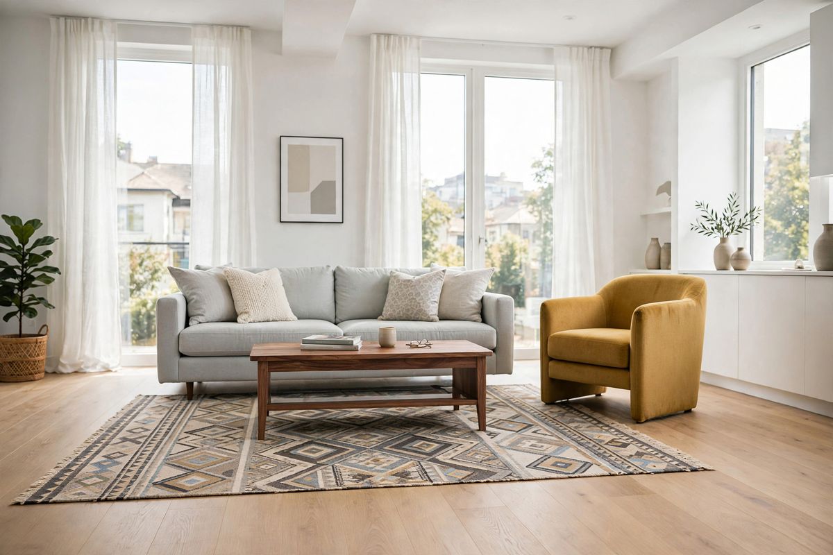 The same living room with the cardboard box and the laundry basket gone, the rug and the oak floor continuous where they stood, everything else unchanged
