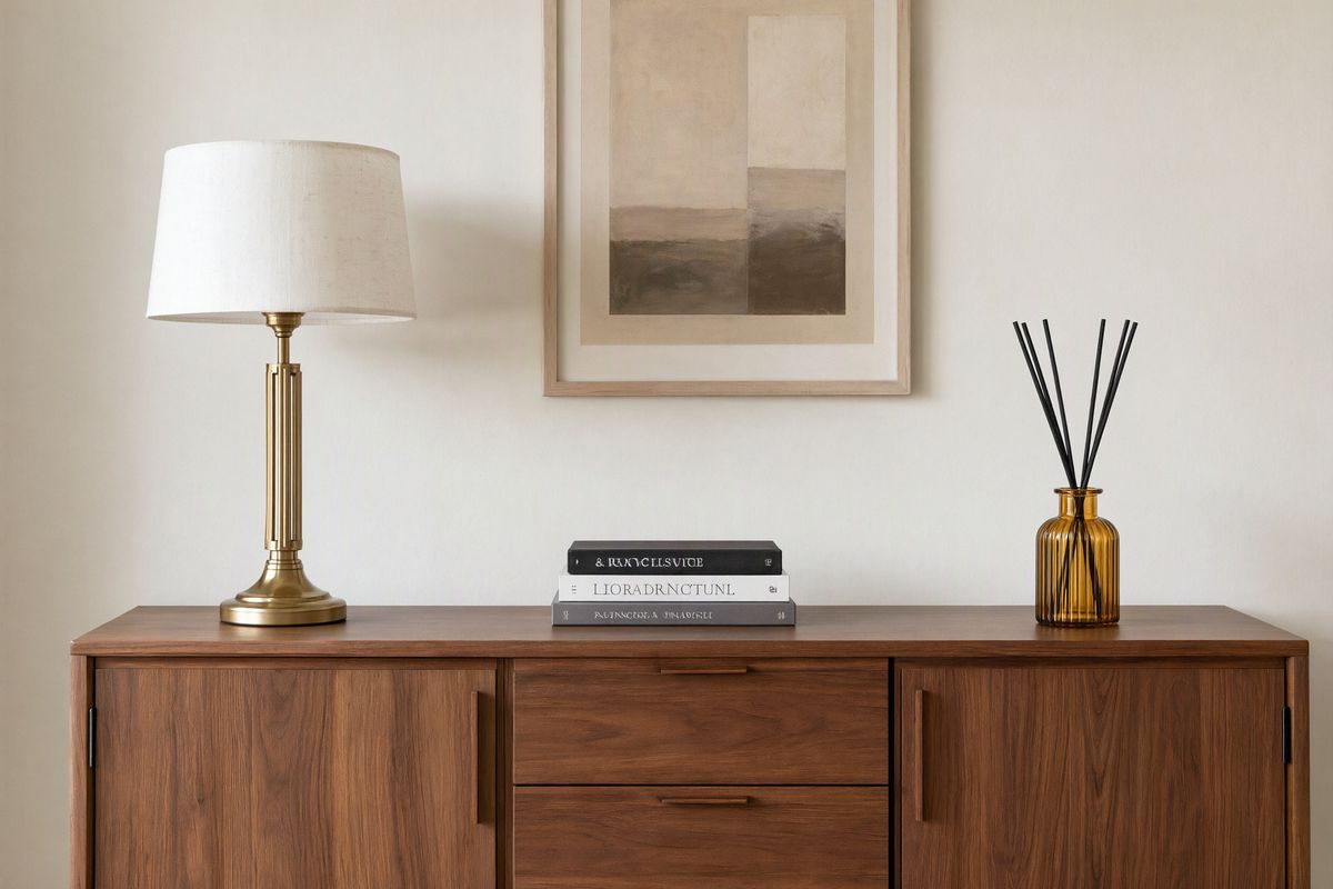 The same sideboard with an amber glass reed diffuser with black reeds where the vase stood, and no red circle