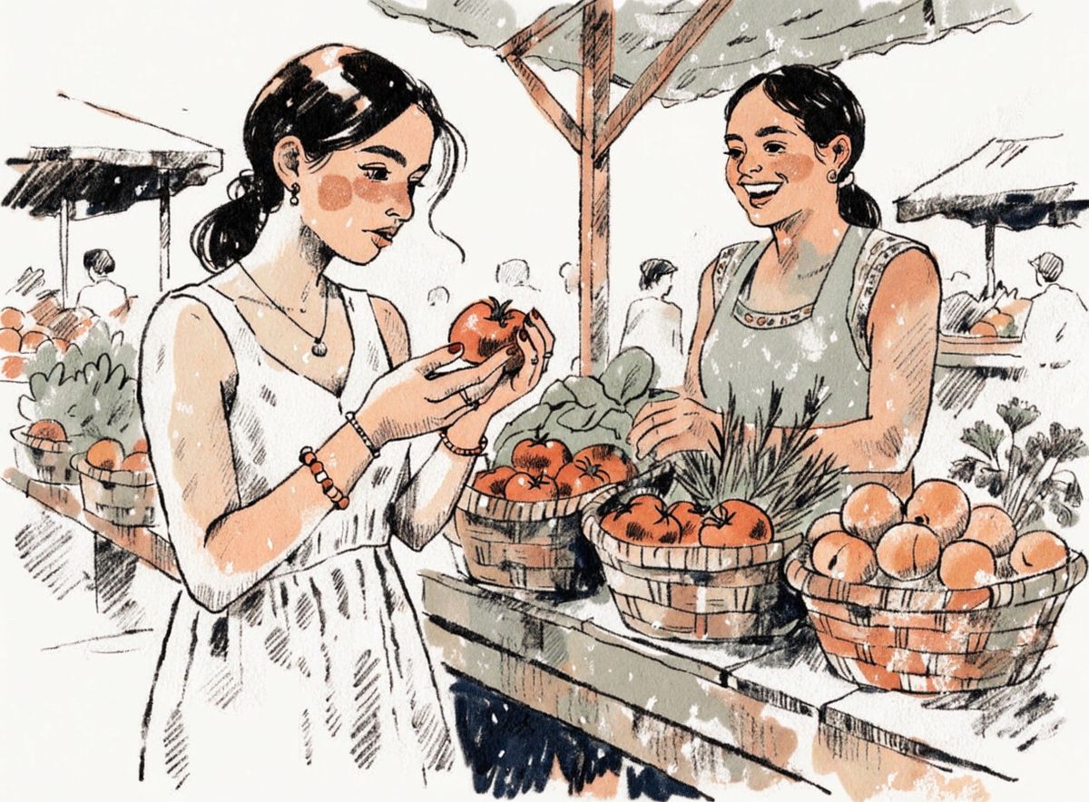 Editorial magazine illustration of a bustling outdoor farmers market at midday, wooden stalls with baskets of tomatoes, peaches, and fresh herbs, a young woman shopper in a linen dress examining a tomato while the vendor smiles from behind the stall