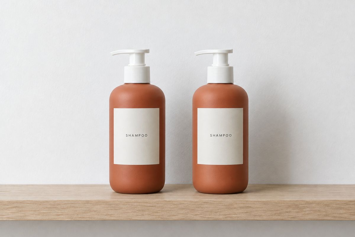 The same two bottles with the left one now warm terracotta and the right one still navy