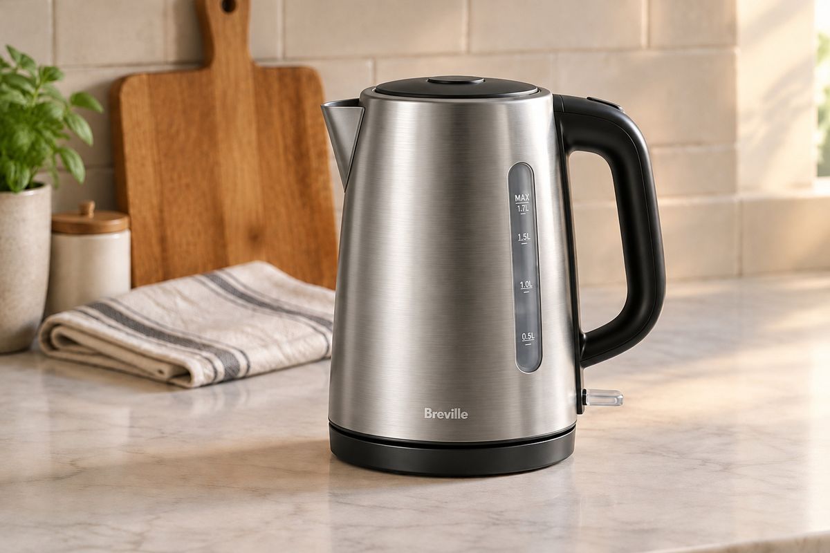The same kettle in the same position on the same worktop, its finish now brushed stainless steel with the marble and window light reflected in it
