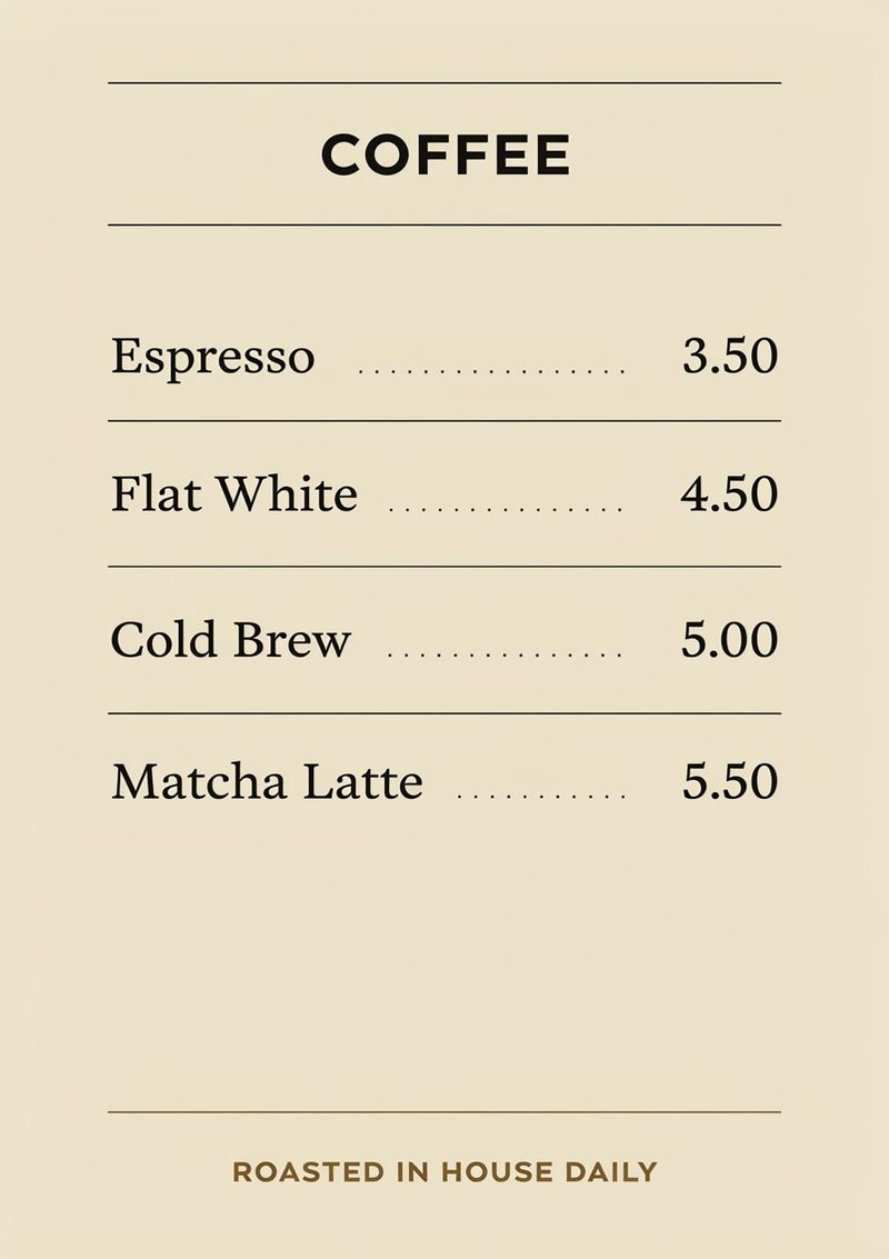 A cream cafe menu board headed COFFEE listing Espresso, Flat White, Cold Brew, and Matcha Latte with prices, and ROASTED IN HOUSE DAILY
