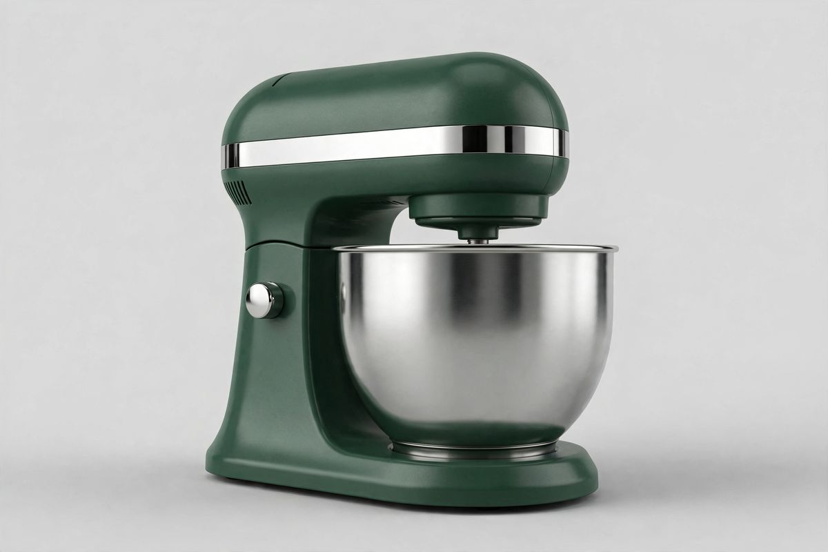 The same stand mixer with its body in matte deep forest green, the stainless steel bowl and chrome trim band unchanged, on the same grey background with the same shadow