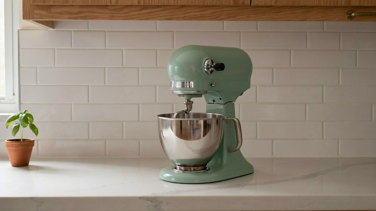The bright kitchen with the sage green stand mixer standing on the white quartz countertop, lit by the same morning light