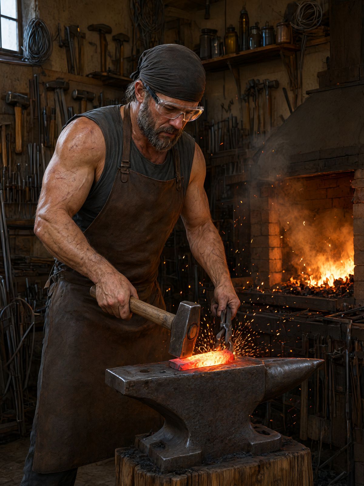 A blacksmith lit by an open forge striking glowing steel, sparks flying, in a dark workshop