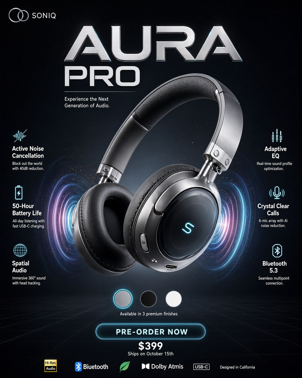 A headphone ad titled AURA PRO with silver and black over-ear headphones in the center, six feature callouts, three color swatches, a PRE-ORDER NOW button, and a $399 price