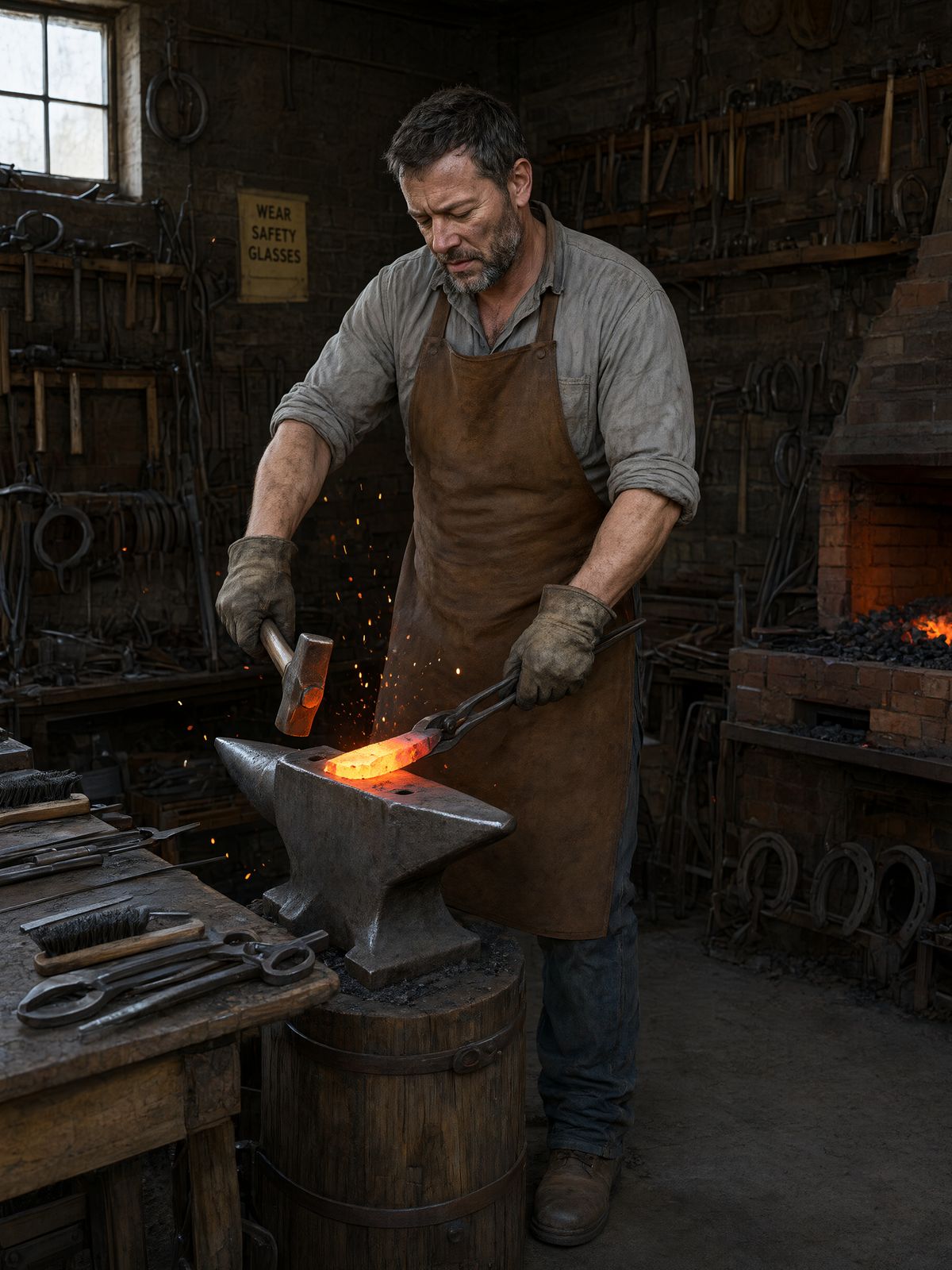 A blacksmith in a leather apron hammering glowing metal on an anvil in a daylit workshop hung with tools