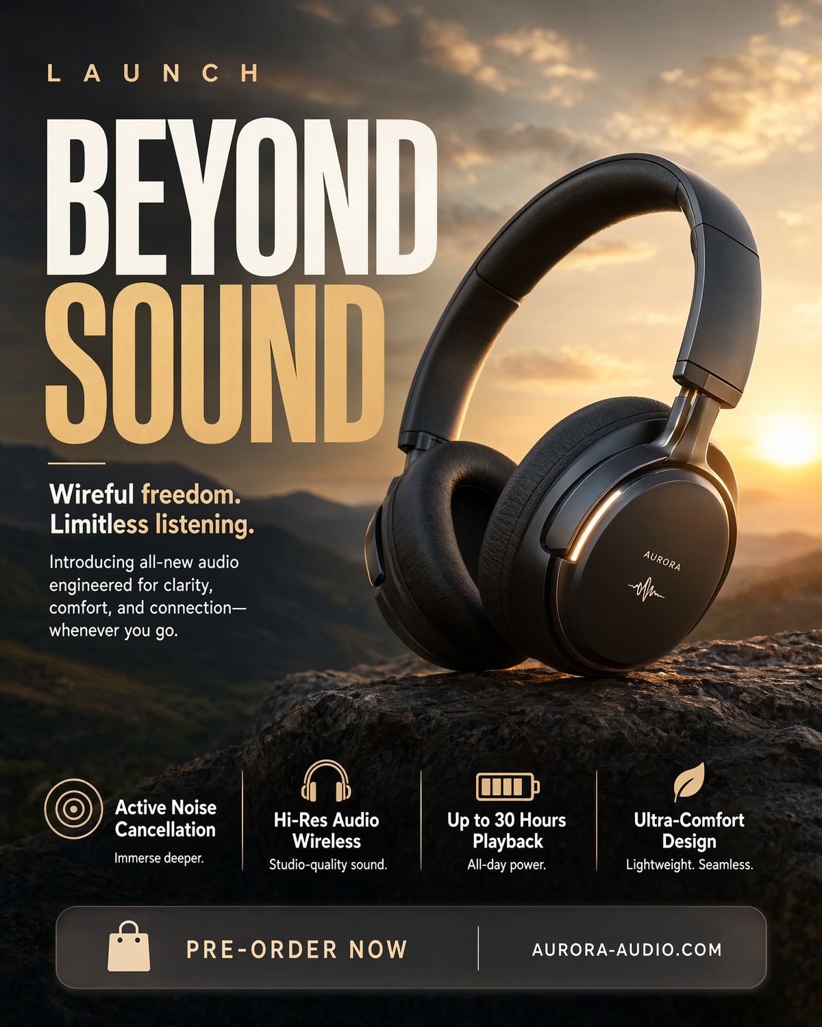 A headphone ad with the headline BEYOND SOUND beside black over-ear headphones on a rock at sunset, four feature icons, and a PRE-ORDER NOW bar