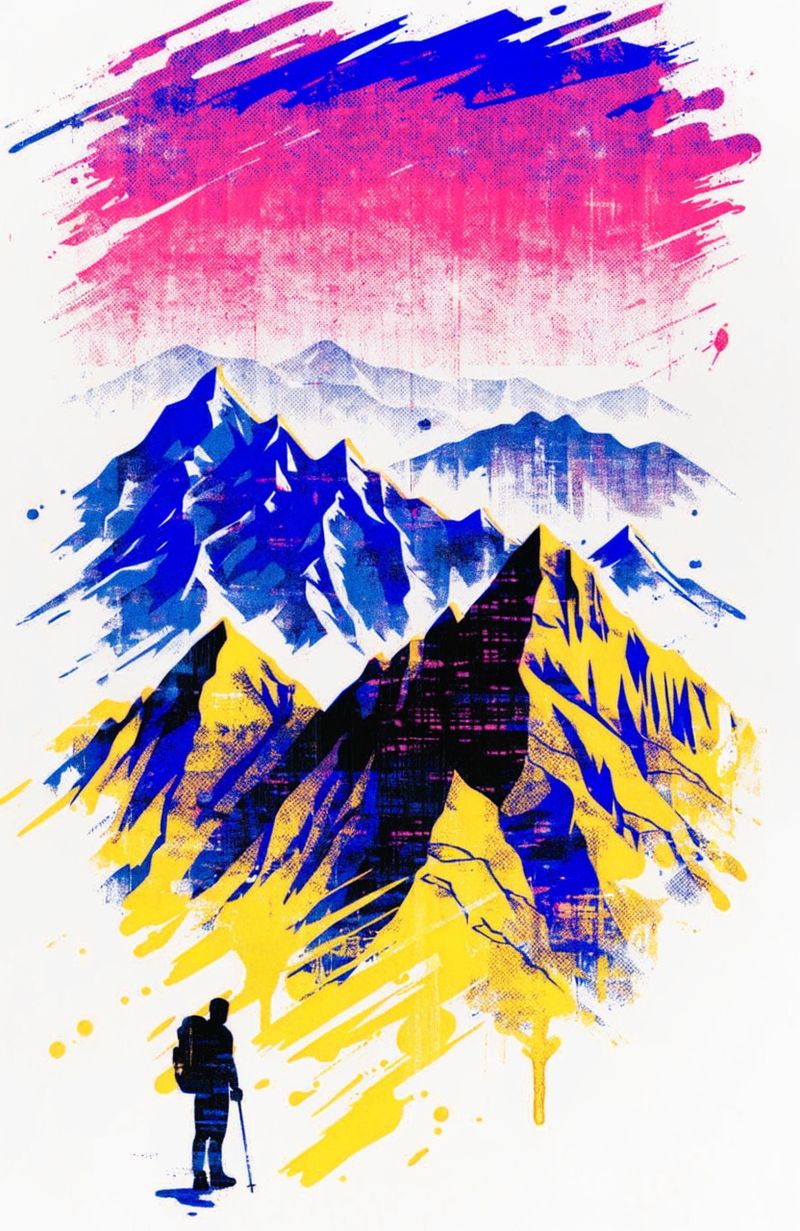 Book cover of a stylized mountain landscape at dawn, layered peaks receding into the distance, a lone hiker silhouette in the foreground, a bold horizontal gradient sky from deep purple to warm coral