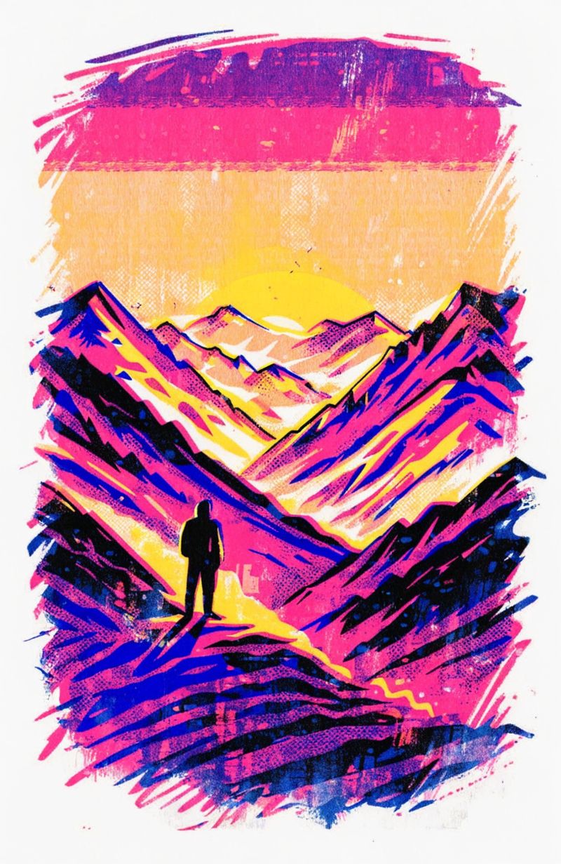 Riso print book cover of a stylized mountain landscape at dawn, layered peaks receding into the distance, a lone hiker silhouette in the foreground, a bold horizontal gradient sky from deep purple to warm coral, layered fluorescent inks and grainy paper texture
