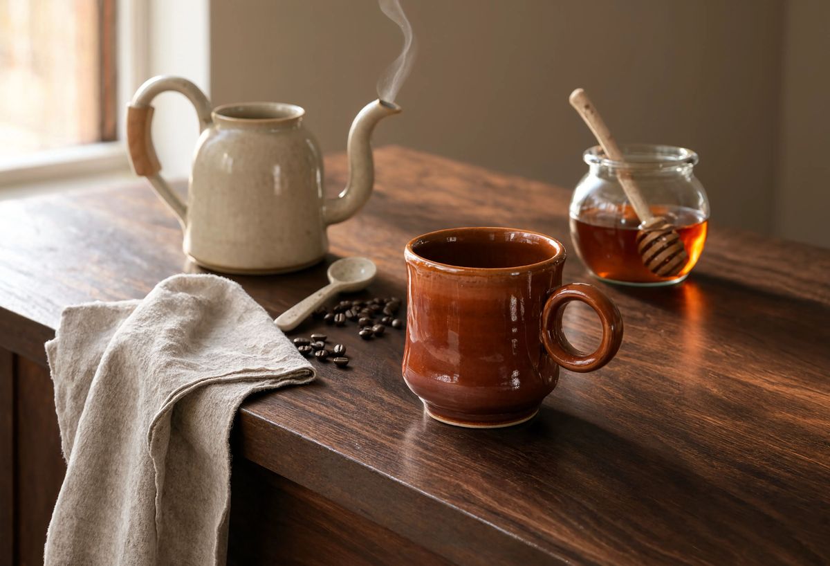A warm autumn morning kitchen still-life on a walnut wood island with the ceramic pour-over kettle at back left, the terracotta mug front centre, the honey jar with dipper at back right, and the folded linen tea towel draped at front left
