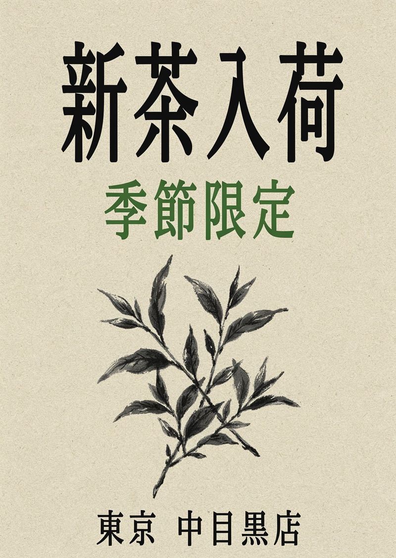 A cream Japanese tea shop poster with a large black 新茶入荷 title, green 季節限定 beneath, a large ink-wash tea branch filling the centre, and 東京 中目黒店 along the bottom