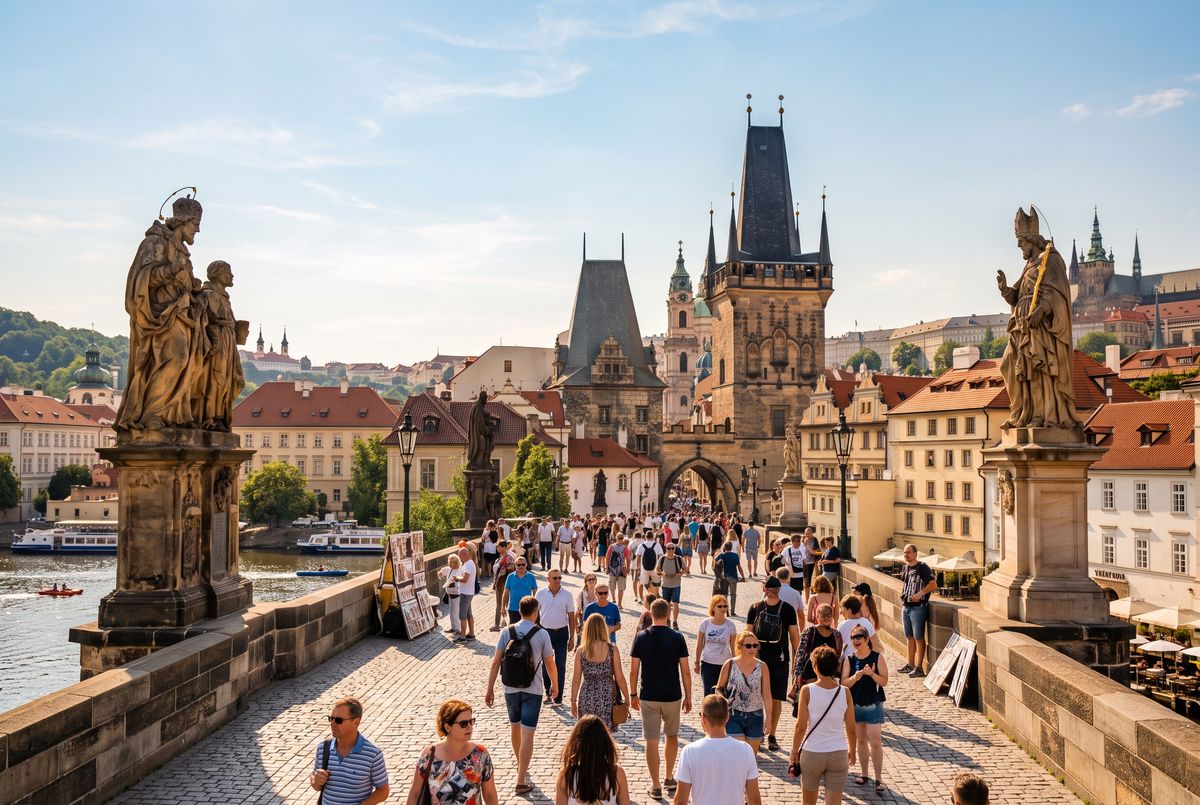 The Charles Bridge in Prague on a summer afternoon, with tourists walking between the stone statues toward the Old Town bridge tower