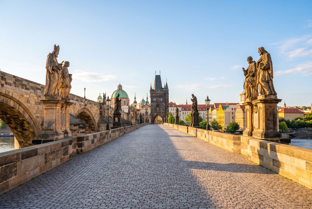 The Charles Bridge in Prague on a summer afternoon with an empty walkway between the stone statues, leading to the Old Town bridge tower