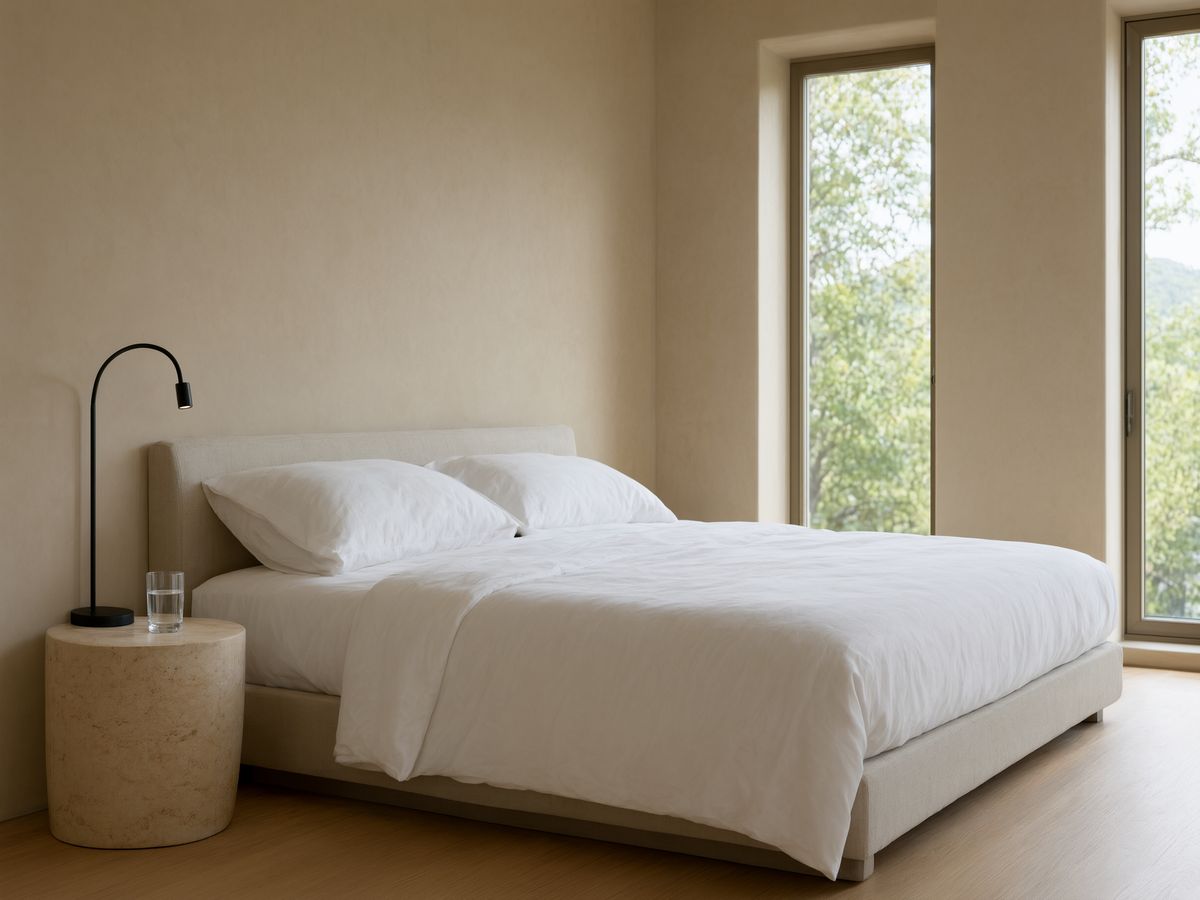 A hotel room with a white-linen platform bed, a black arc reading lamp, a travertine side table, and a tall window showing treetops
