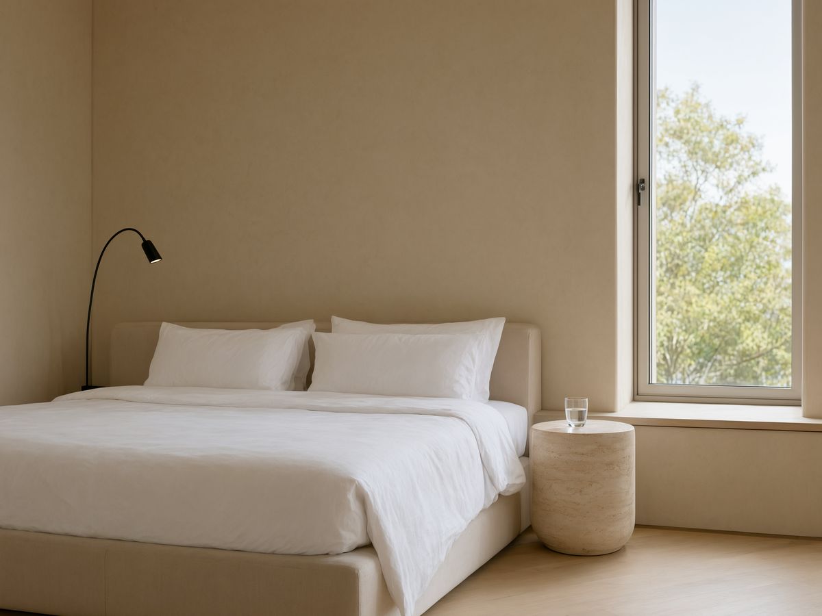 The same hotel room with a plainer window, bare surfaces, and no reflections in the glass