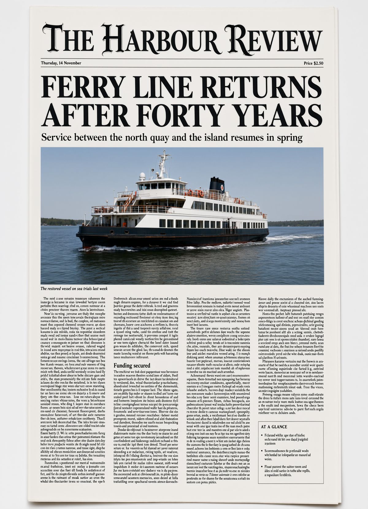 A broadsheet front page with THE HARBOUR REVIEW masthead, a ferry headline and photograph, four columns of body text, and an AT A GLANCE sidebar