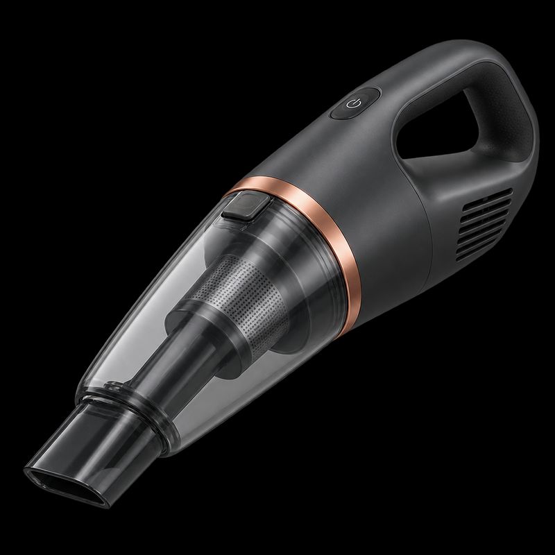 A charcoal cordless handheld vacuum with a copper trim ring, cut out with no background and no shadow