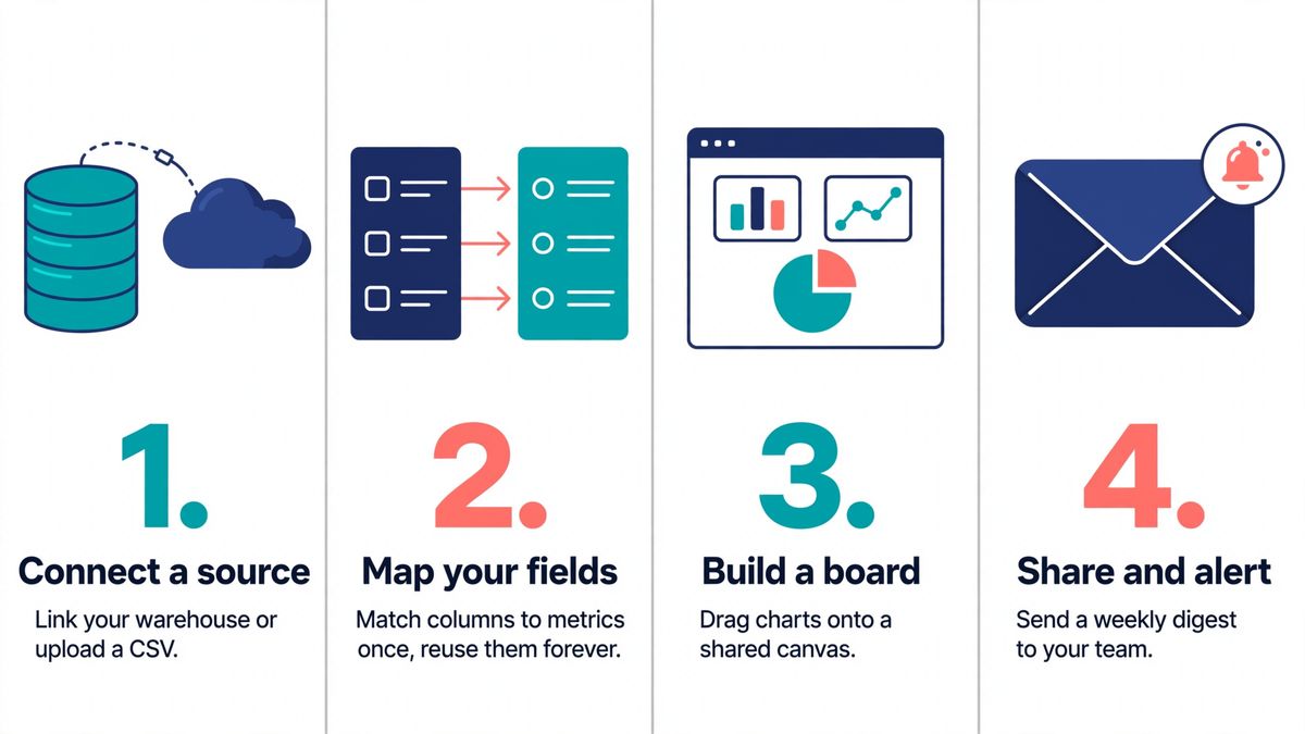 A wide four-panel strip on a white background divided by thin rules, each panel holding a flat navy and teal illustration above a numbered step title and one line of copy, running from Connect a source through Map your fields and Build a board to Share and alert
