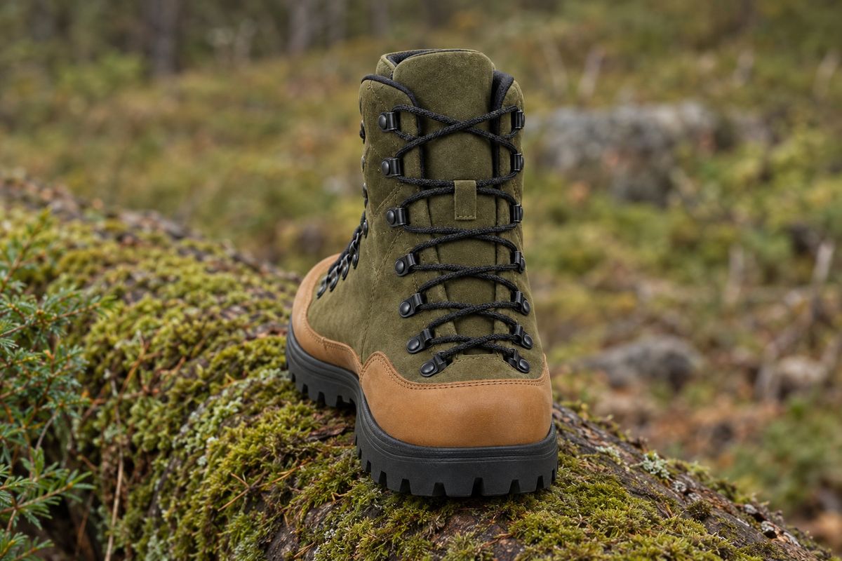 The olive and tan hiking boot on a mossy log photographed front-on, the same angle as the reference, with the heel and sole edge not visible at all