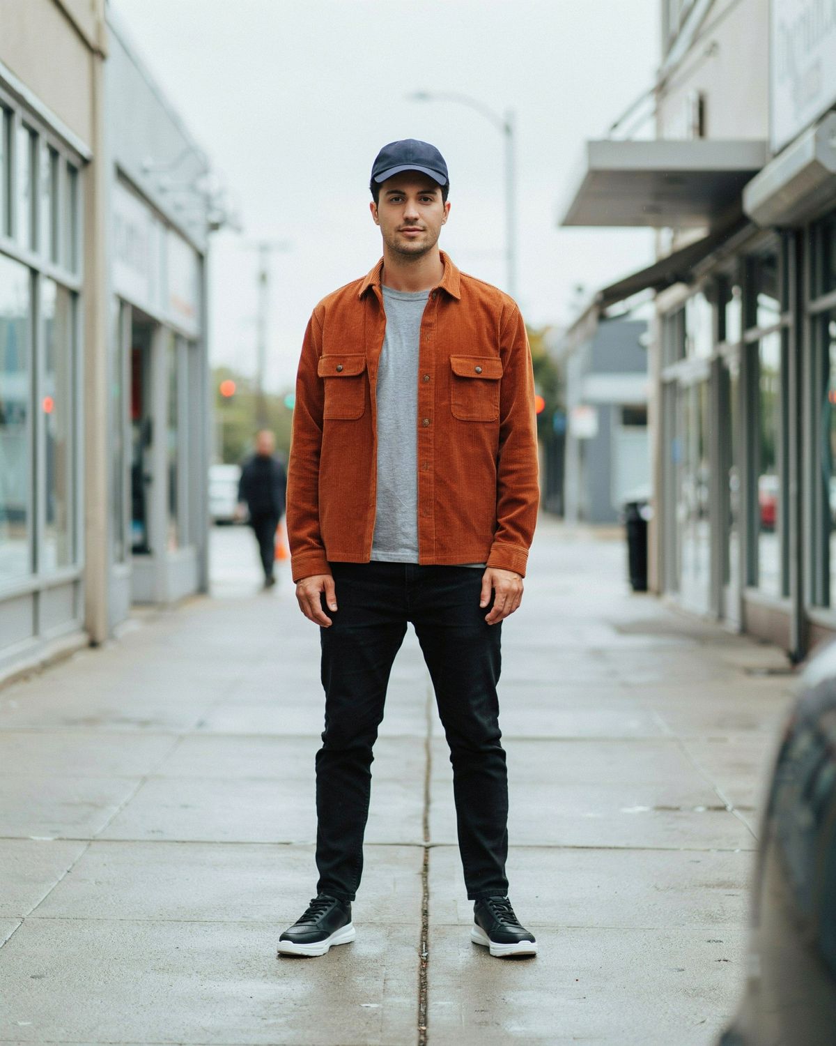 The man on the city sidewalk wearing an open rust corduroy overshirt over his gray t-shirt, black jeans, chunky black leather sneakers and a navy cap