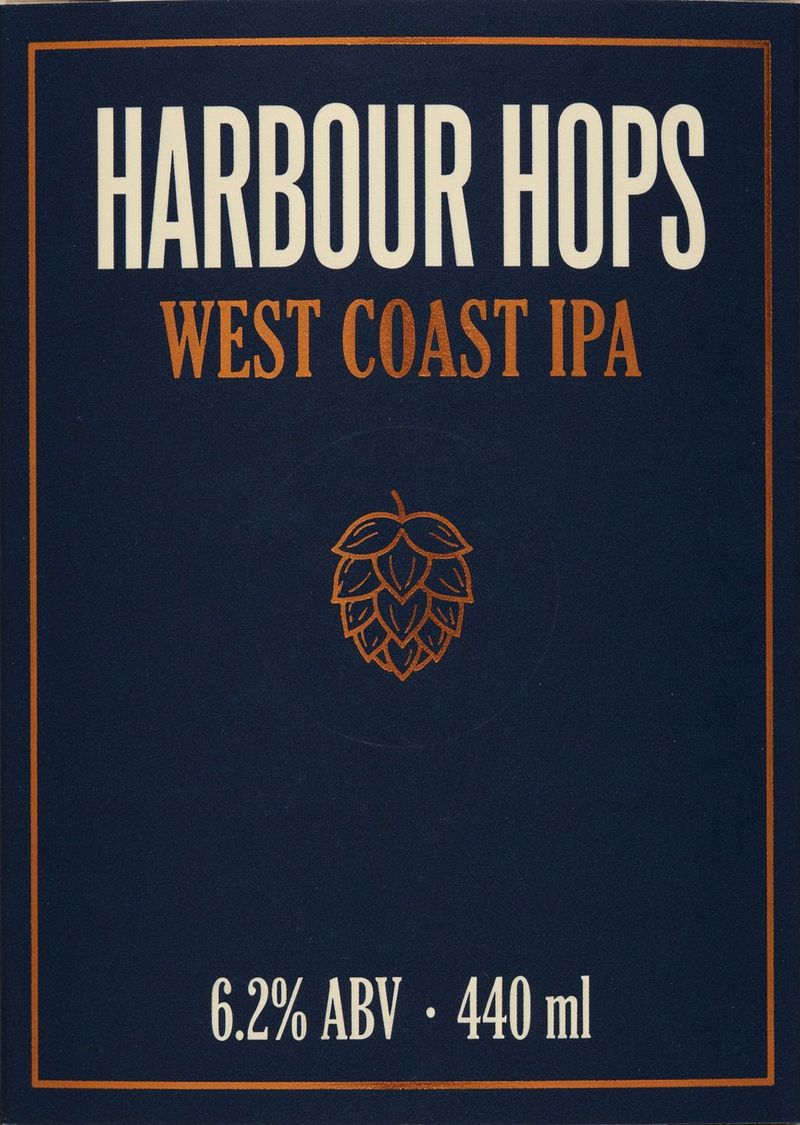 A navy craft beer can label reading HARBOUR HOPS, WEST COAST IPA, with a hop illustration and 6.2% ABV 440 ml