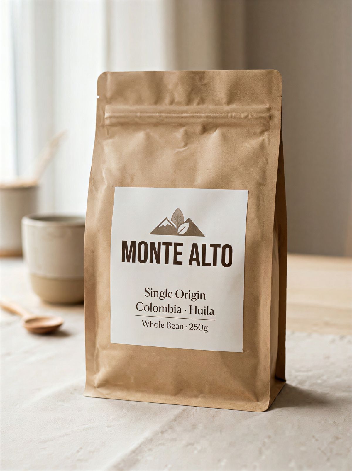 The same coffee bag, sharp, with a crisp brand name and readable small print on the label