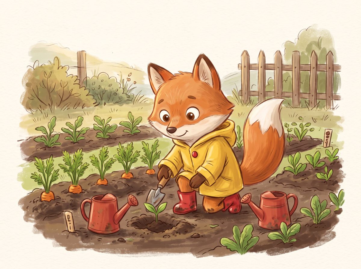 A gouache illustration of the fox in the yellow raincoat kneeling in a vegetable garden, planting a seedling with a trowel between two red watering cans