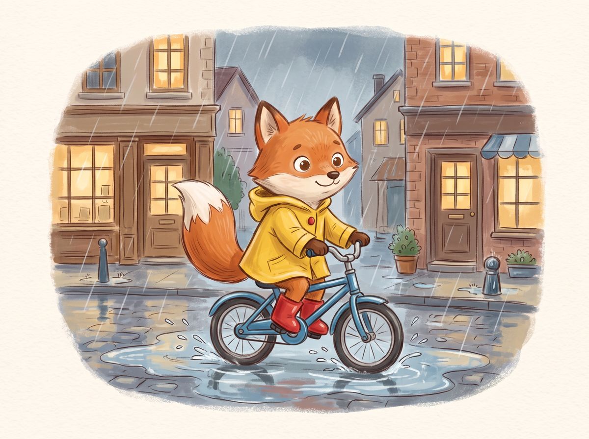 A gouache illustration of the fox in the yellow raincoat riding a small blue bicycle through a puddle on a rainy village street with glowing shop windows and no signs