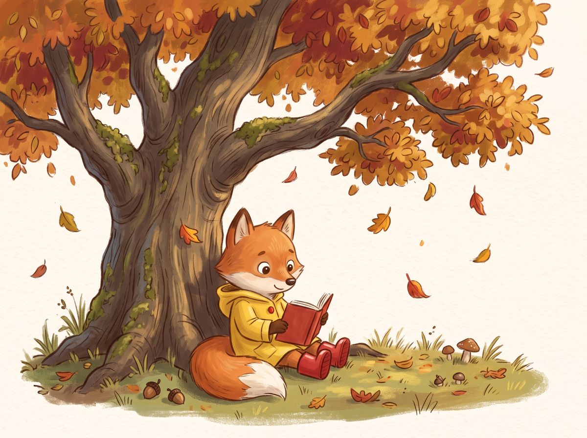 A gouache illustration of the fox in the yellow raincoat sitting under a large oak tree reading a red book as autumn leaves fall